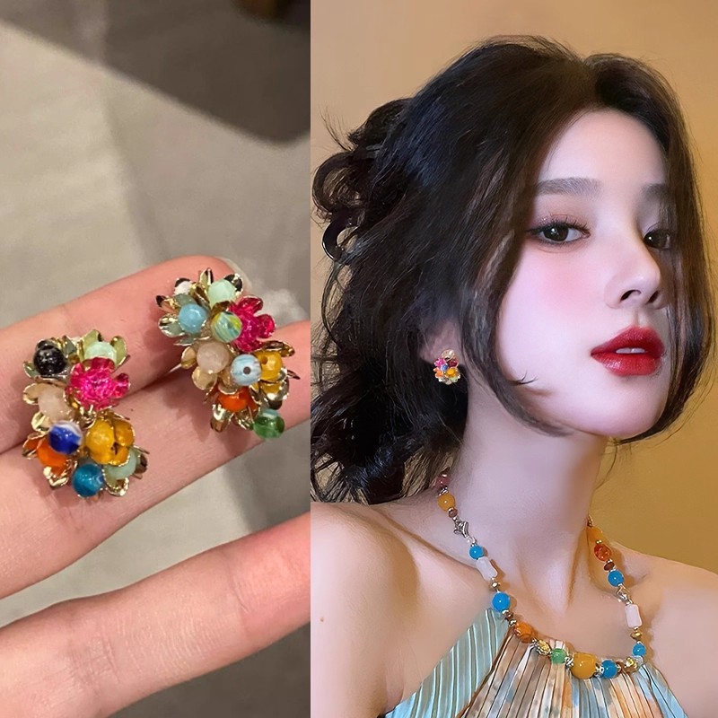 甜美气质多巴胺彩色串珠花朵耳环女轻奢小众高级感度假风耳钉耳饰|undefined