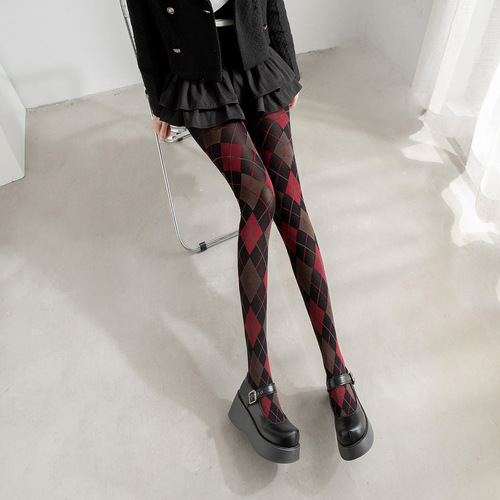 Diamond-shaped plaid leg socks for slimming retro style tights dark green red sexy thigh socks pantyhose stockings