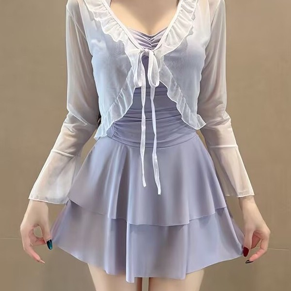 Milk-White Macaron Blue Girl's Swimsuit, One-Piece Skirt Style, Pure and Alluring Style, Backless with Bow, Cute and with Breast Pads Milk-White Macaron Blue Girl's Swimsuit, One-Piece Skirt Style, Pure and Alluring Style, Backless with Bow, Cute and with Breast Pads