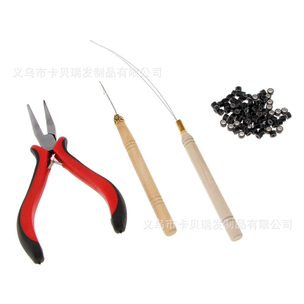 빨간색 펜치 + 나무 코바늘 + 나무 실꿰기 + 머리 연장 링 100개(검은색)