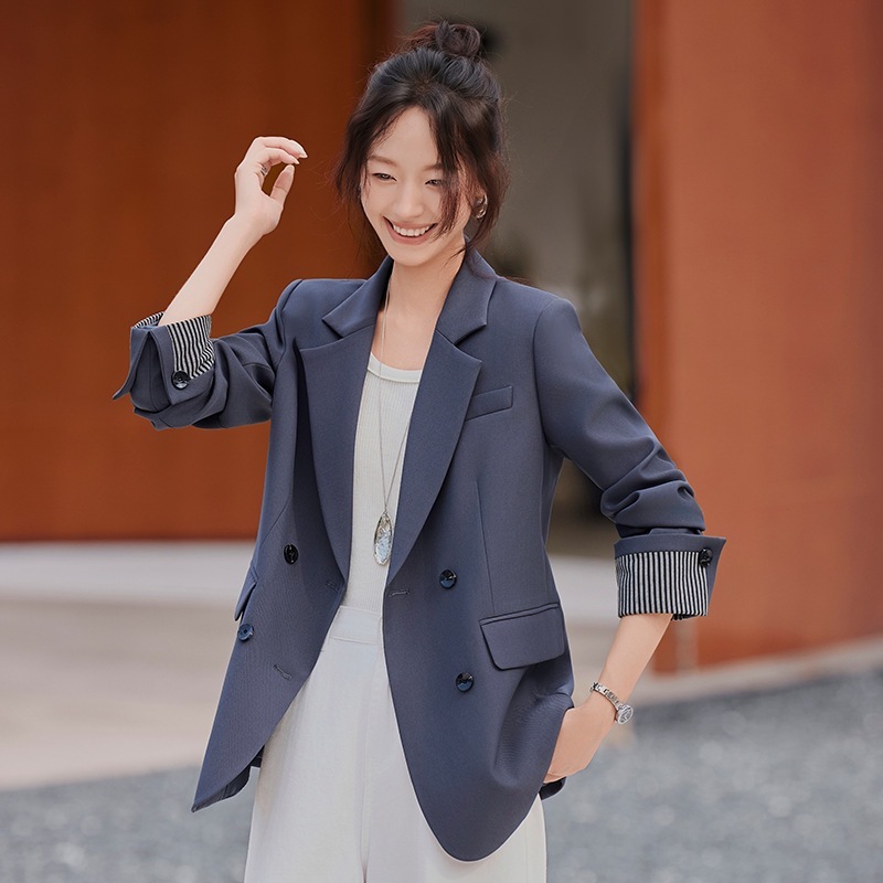 春秋新款韩版休闲西装外套女2025宽松大件气质西服上衣拼接双排扣|undefined