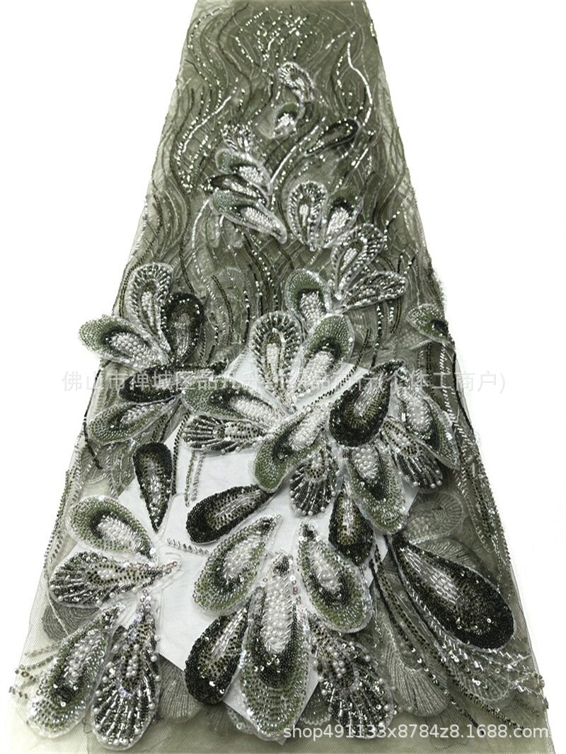 Peacock pluma bordada a mano tela de malla de perlas tamaño de perla pieza de tubo mezcla costura ligera de lujo banquete anfitrión vestido de tela image 10