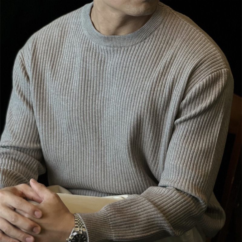 Explosiones transfronterizas japonesas a rayas verticales de cuello redondo camiseta de punto suelta base de hombre camiseta de manga larga suéter otoño invierno