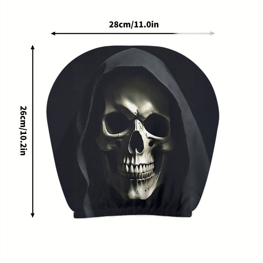 Car headrest cover with gothic death scythe dark-themed personalized print, universal for car interiors, can be customized with labels and made according to provided images