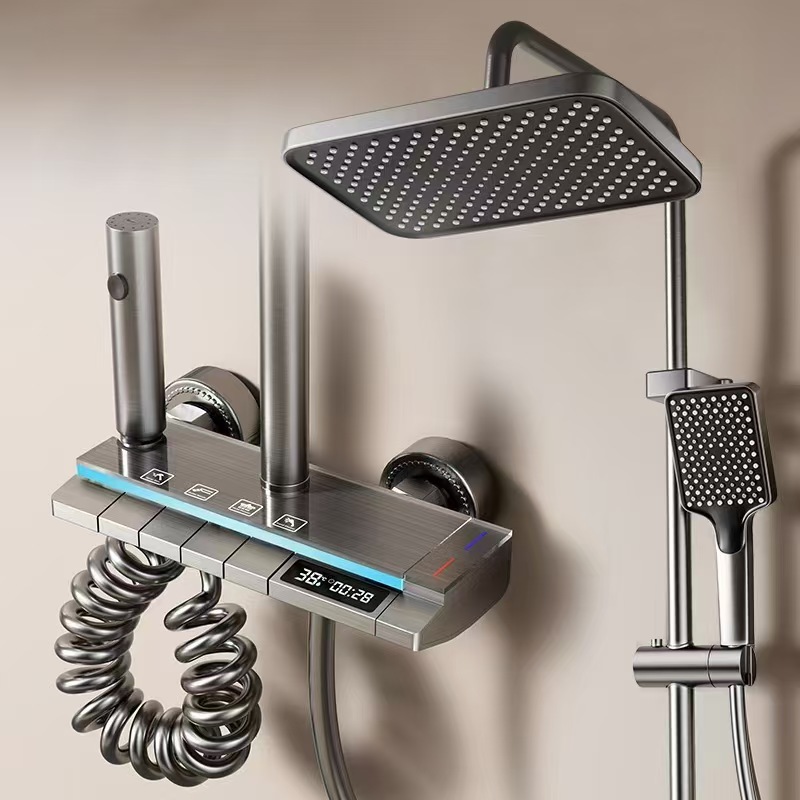 Todo el bronce gris conjunto de ducha tecla de piano baño temperatura constante pantalla digital luz de atmósfera ducha boquilla de presión doméstica