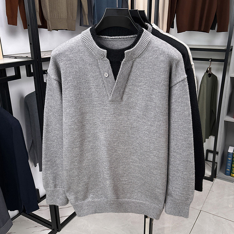 2025 otoño y invierno nuevo suéter de dos piezas falso estilo de moda casual coreano para hombres camisetas de punto cálidas