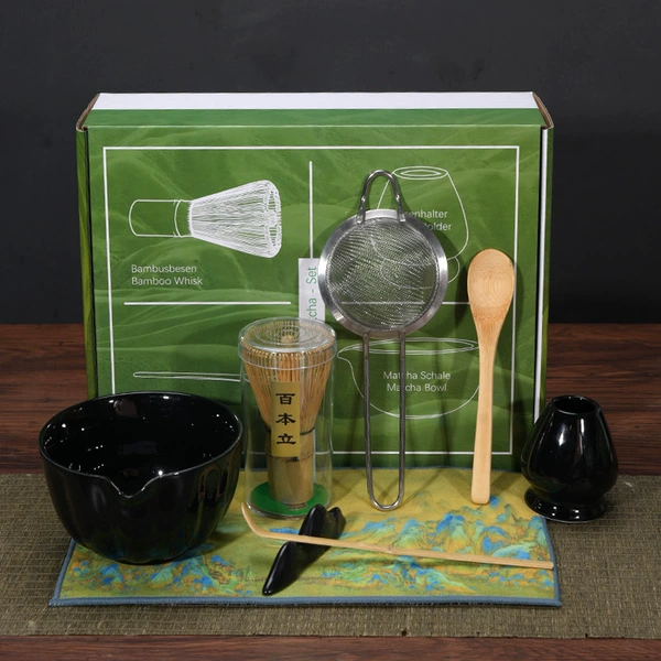 Bright black matcha bowl 7-piece set + bamboo spoon + color matching box (source