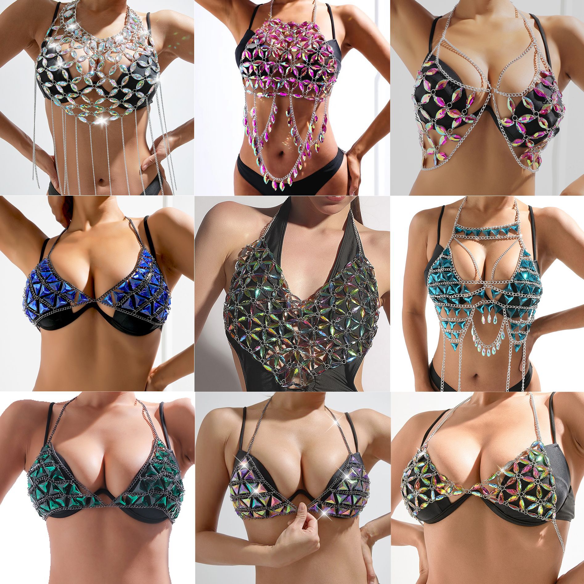 Joyas transfronterizas sexy cadena de cuerpo hueco mujer cadena de pecho europea y americana gota de agua bikini de piedras preciosas de colores adornos de pecho acrílico