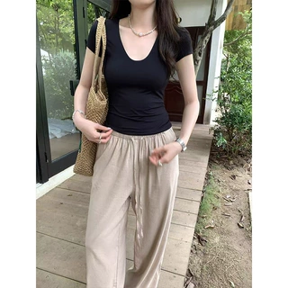 魔西女王韩系简约U领正肩短袖T恤女装2026夏季薄款修身显瘦小上衣