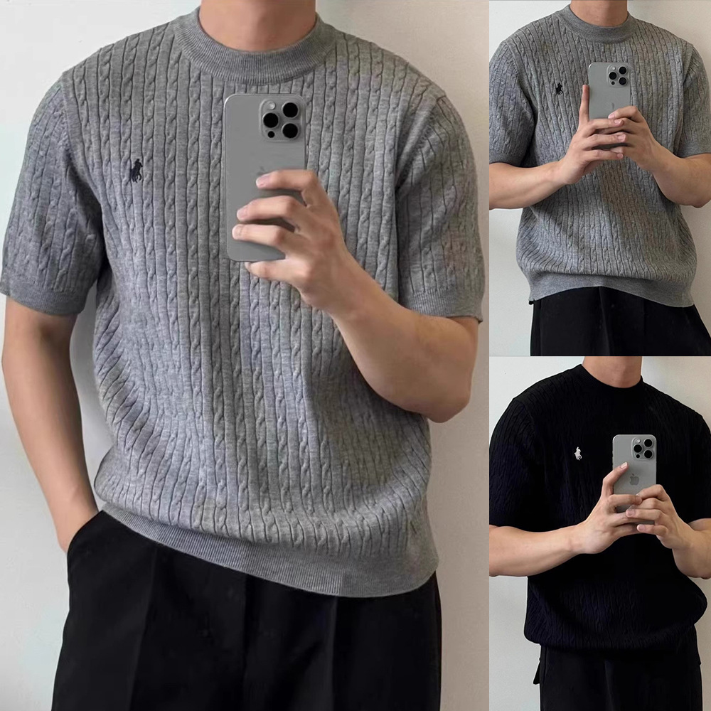 Camiseta de punto de manga corta camiseta masculina marcas de caballo bordadas viejas flores de negocios de hielo seda fábrica de verano transfronteriza al por mayor