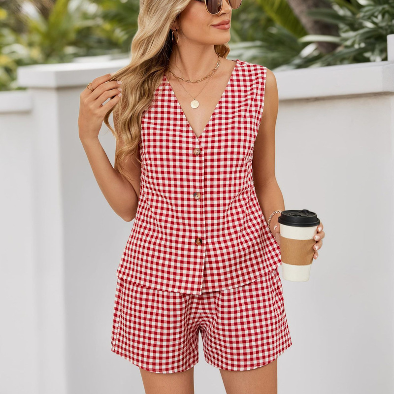 Cross-Border Amazon 2026 Women's Spring and Summer Retro Plaid V-Neck Suit Plaid Suit Vest Elastic Waist Shorts