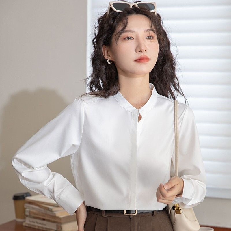 New Chinese Style Long-Sleeved White Shirt for Women Casual Business Commuting Light Professional Style Formal Stand-Up Collar Top for Women Spring and Autumn New Style