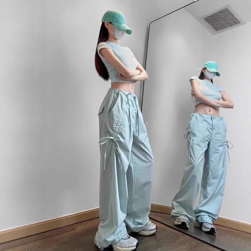 American Parachute Cargo Pants for Women Spring and Summer Thin Loose Casual Quick-Drying Sports Petite Bow Wide-Leg Pants American Parachute Cargo Pants for Women Spring and Summer Thin Loose Casual Quick-Drying Sports Petite Bow Wide-Leg Pants