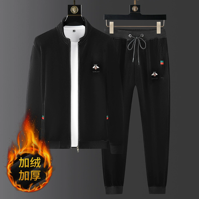 Маленькая пчела вышитая толстовка брюки из двух частей зимний двухсторонний золотой бархатный толстый спортивный костюм для мужчин