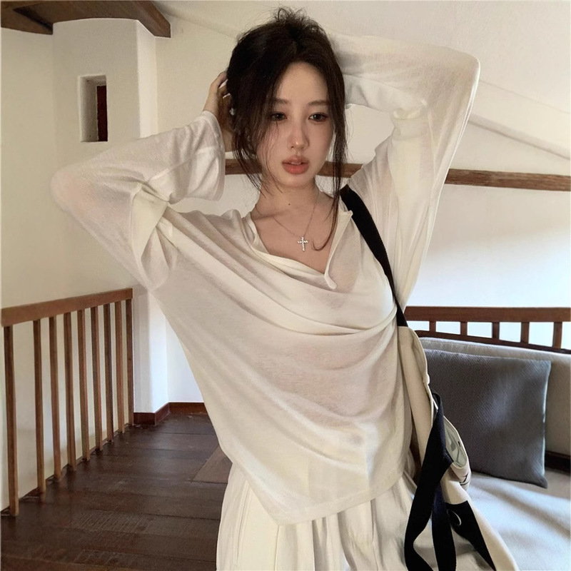 Tencel Rib Thin Perspective V-Neck Long-Sleeved T-Shirt Loose White Base Shirt Chic Sunscreen Blouse Top