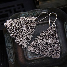 泰国清迈手工银几何线条三角形耳环做旧民族风文艺方形夸张耳饰女