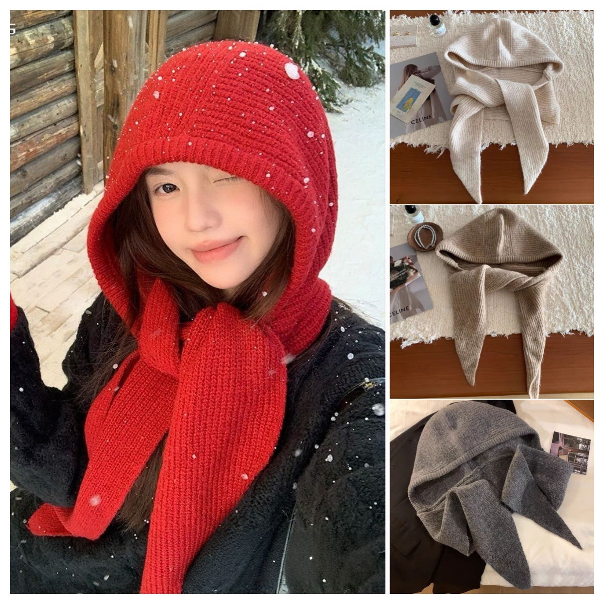 Hat and scarf combined, red hat, autumn and winter fashion, warm, ear-protecting, knitted wool hat, women's balaclava hooded hat