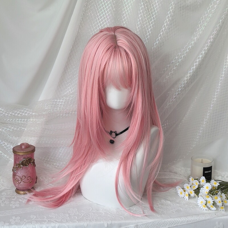 【Peach Light Pink】Women's High-Layered Wig with Bangs, Long Straight Hair, Light Pink Matte Silk, Natural Full Head Wig