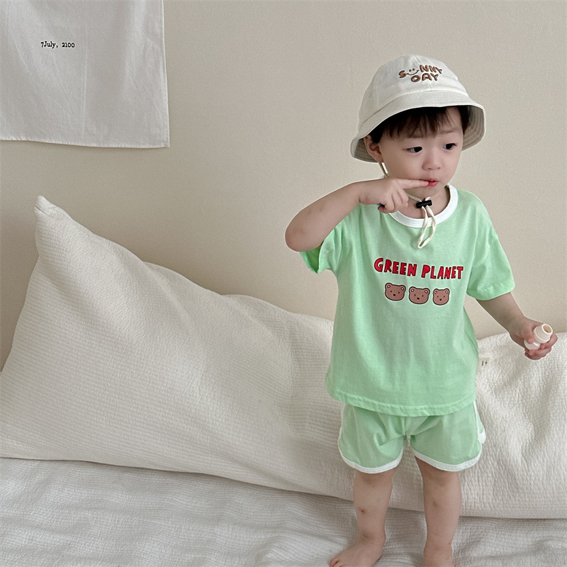 Camiseta de dibujos animados con letras de verano para niños, pantalones cortos, ropa de verano para bebés, ropa delgada para niños coreanos, ropa de verano para bebés