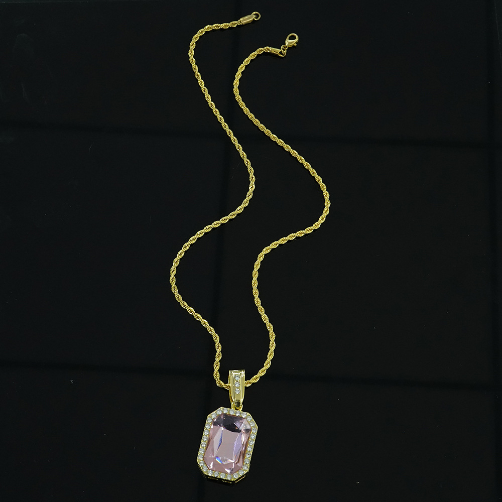 Collar con Colgante Cuadrado de Piedras Preciosas Coloridas Estilo Hip-hop, Estilo Minimalista, Unisex, Cadena para Suéter, Joyería