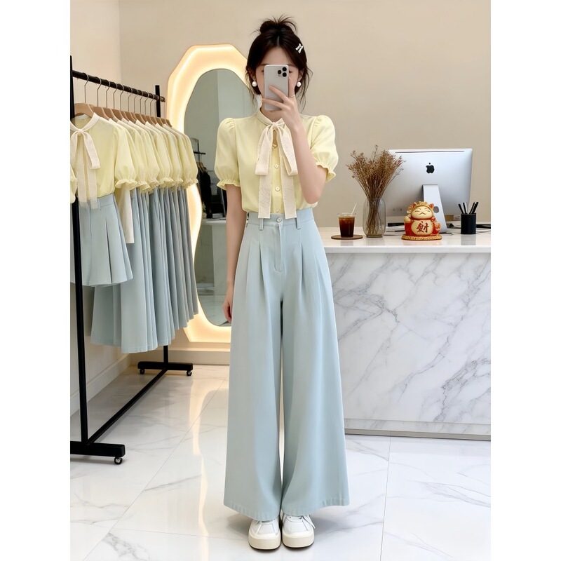 Summer Outfit Set for Women, New Korean Style, Elegant Tie-Up Puff Sleeve Shirt Top and Wide-Leg Pants Two-Piece Set Summer Outfit Set for Women, New Korean Style, Elegant Tie-Up Puff Sleeve Shirt Top and Wide-Leg Pants Two-Piece Set