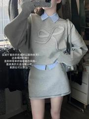 设计感叠穿短款长袖卫衣条纹衬衫花边半身裙女早秋新款时尚三件套