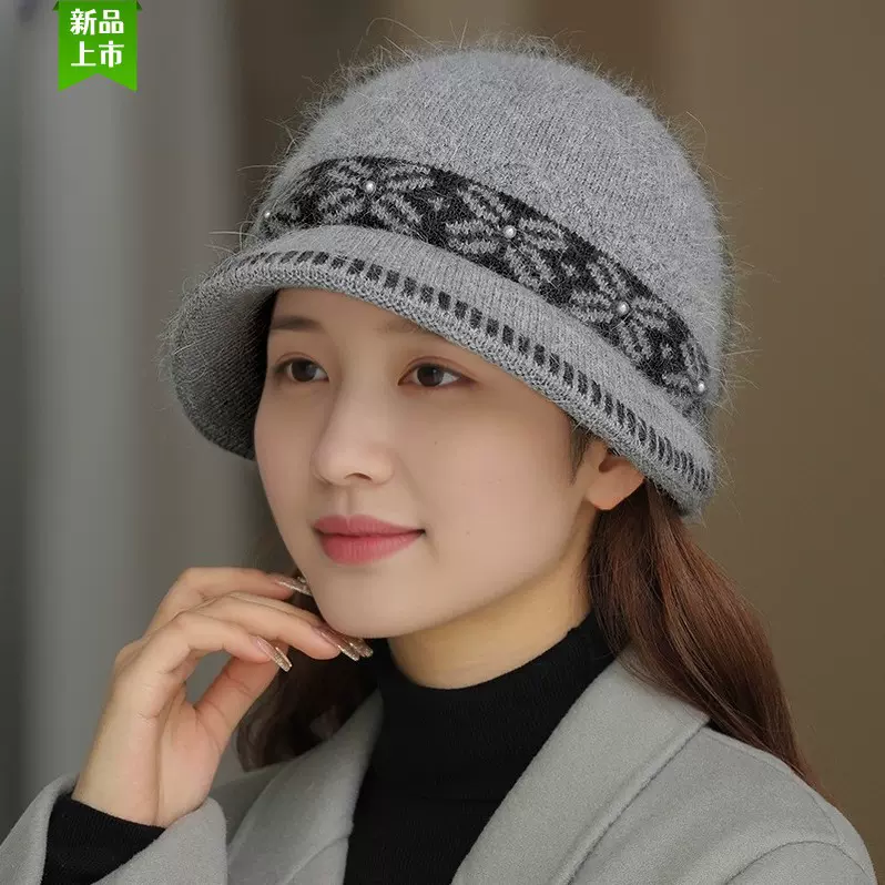 新款渔夫帽女冬天中老年人时尚盆帽加绒加厚防寒妈妈针织毛线帽子