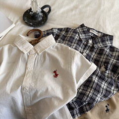 男童襯衫夏季新品男女韓版刺繡襯衫短袖寶寶格子襯衣潮0029A047