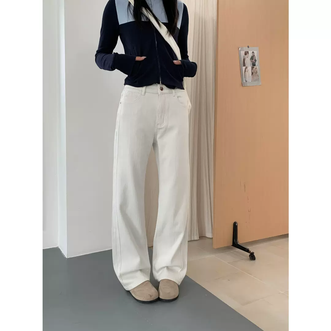 GAGD 窄版弹力加绒直筒牛仔裤女 莱赛尔棉高腰宽松阔腿牛仔裤