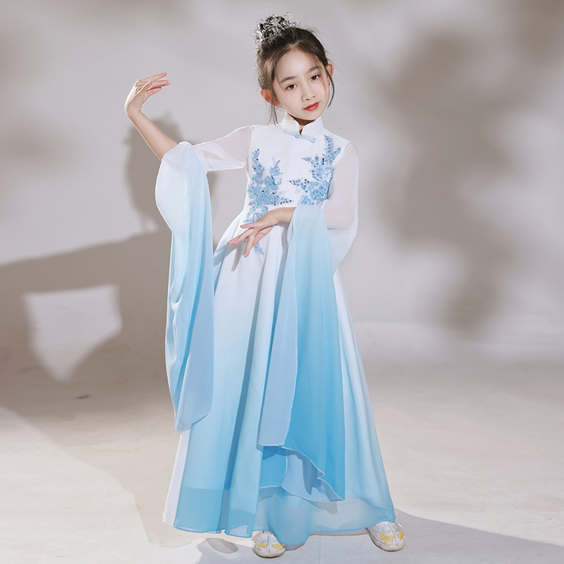 Girls' Hanfu 2025 Summer Chinese Style Children Guzheng Performance Dress Exquisite Classical and Ethereal Water sleeves Ancient Chinese Hanfu