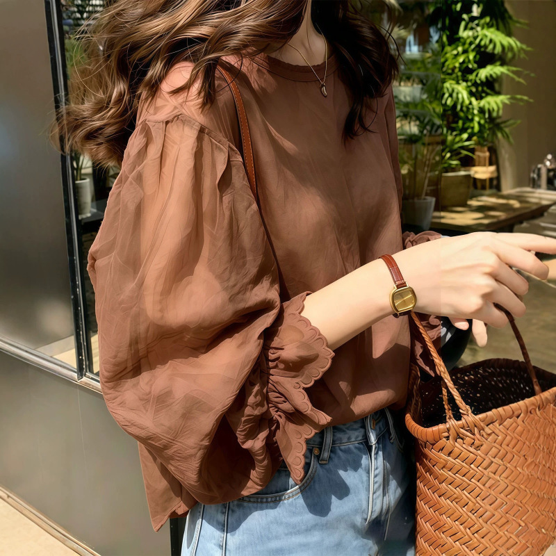European high-end warm brown semi-transparent plus-size sun protection blouse for women, 2026 summer new style, light luxury lace age-reducing top