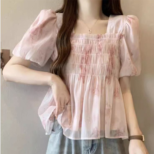 [Original workmanship] French floral short-sleeved shirt for women, summer fat mm, slimming loose temperament, ruffled square collar