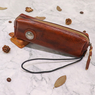 2021 New Style Top Layer Cowhide Pencil Case Japanese Style Simple Punk Style Vintage Glasses Bag Large Capacity Storage Bag for Women