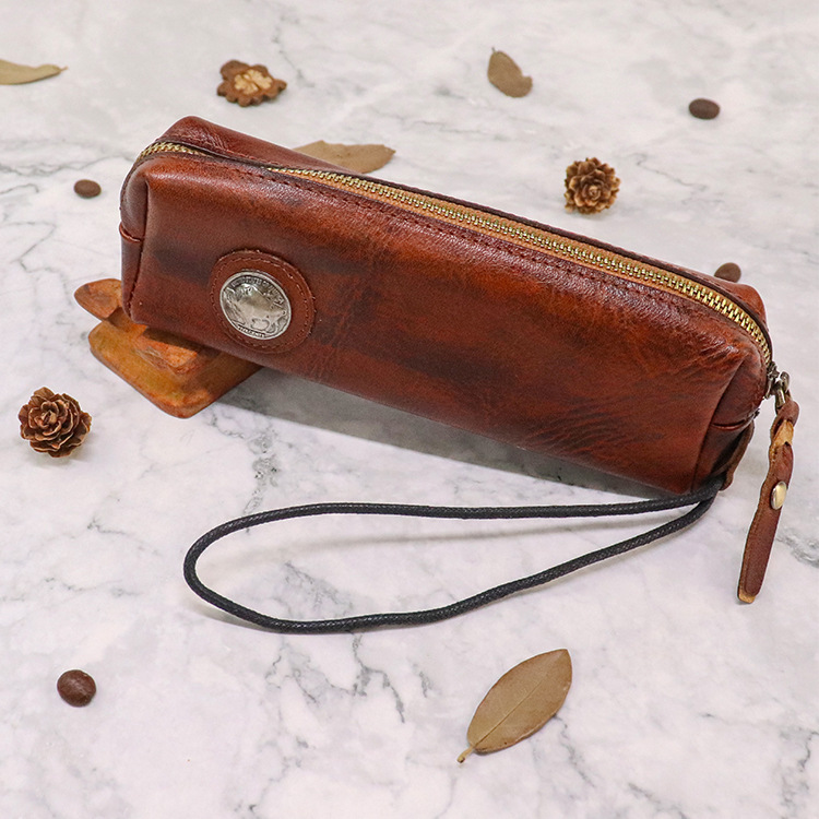 2021新款頭層牛皮筆袋日系簡約朋克風復古眼鏡包大容量收納包女款