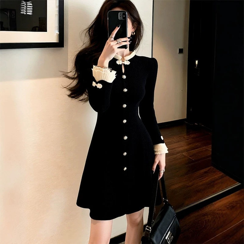 Dress for important occasions, petite, elegant French style, waist-cinching, ruffled black dress for women in winter Dress for important occasions, petite, elegant French style, waist-cinching, ruffled black dress for women in winter
