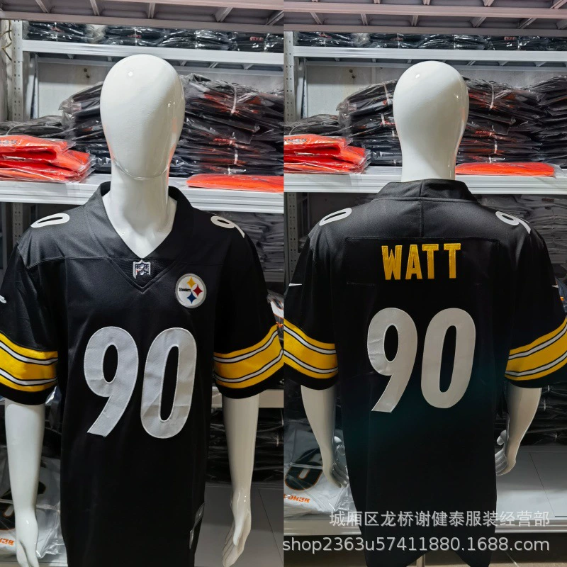 Wholesale foreign trade NFL Steelers WATT#90 PICKETT#8 Black and white game jersey rugby uniform