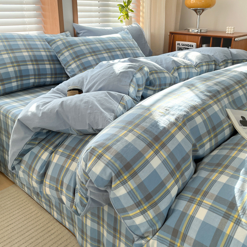 Juego de cuatro piezas de algodón lavado teñido en hilo para estudiantes 2025 nuevo juego de sábanas de edredón de dormitorio de estudiantes de tres piezas