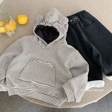 邦诚儿童加绒连帽卫衣2025冬季新款男女童条纹套头衫湖州织里童装
