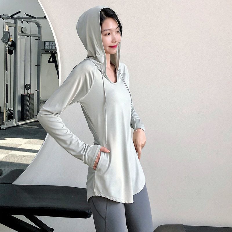 Fitness clothing leisure time Easy motion jacket Large run Mid length version Yoga suit Sweater Hooded Long sleeve spring and autumn