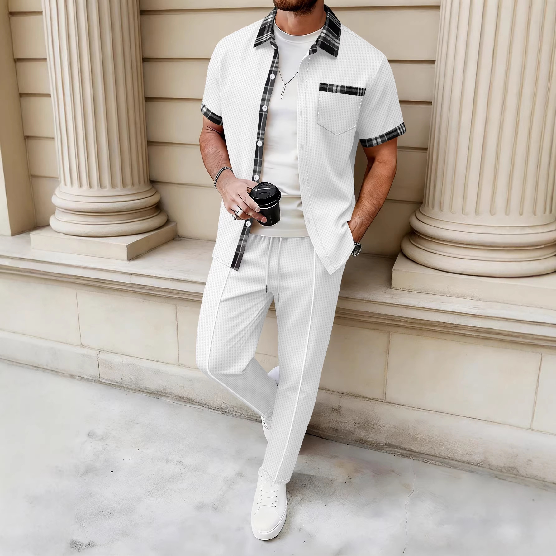 Completo uomo camicia e pantaloni in tessuto nido d'ape_voghion.com