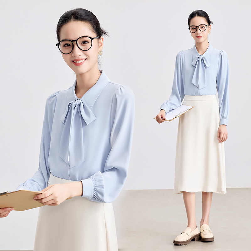 White Bow Shirt Women's High-End Long-Sleeved College Student Teaching Interview Wear Formal Women's Shirt Suit