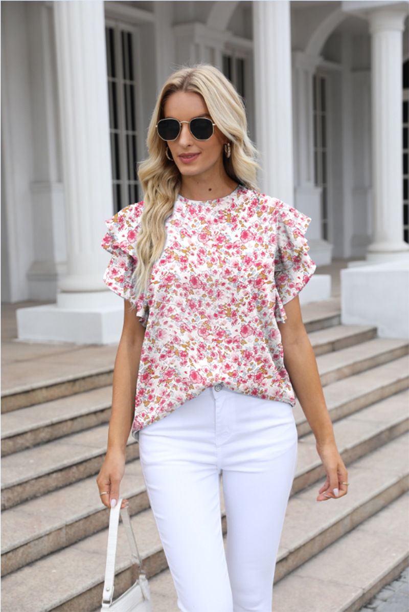 Women's Clothing Round Neck Printed Ruffled Short Sleeve Chiffon Shirt Fragmented Pullover T-shirt_voghion.com