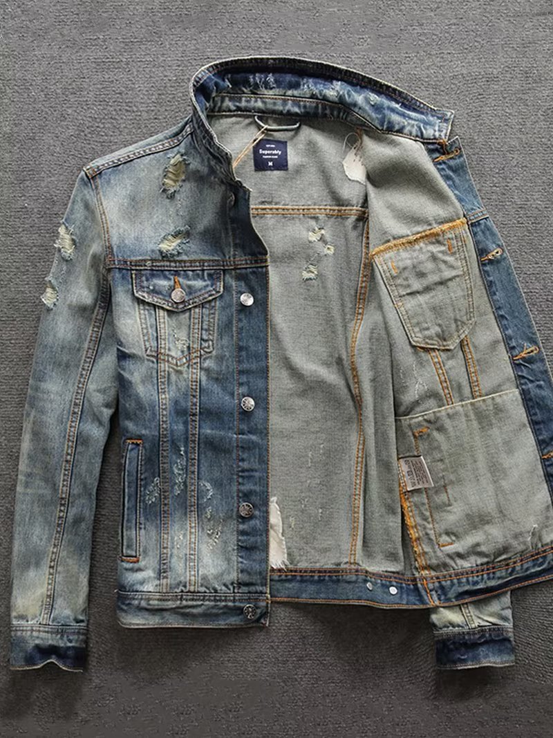 Men's Clothing Retro Blue Denim Jacket Trendy Loose Stretch Jacket Washed Nostalgic Versatile Denim Top_viptrois.com