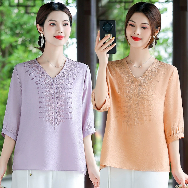 Летняя тонкая футболка из рами с художественной ретро-вышивкой, свободного кроя, утягивающая, с коротким рукавом и V-образным вырезом, легкая, для женщин, 2025 год