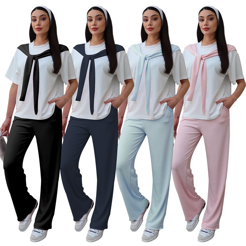 Women's Clothing Women's Faux Wrap Short Sleeve Top And Straight Leg Pants Set Patchwork White Round Neck Summer Fashion Casual Outfit_ecoleips.com
