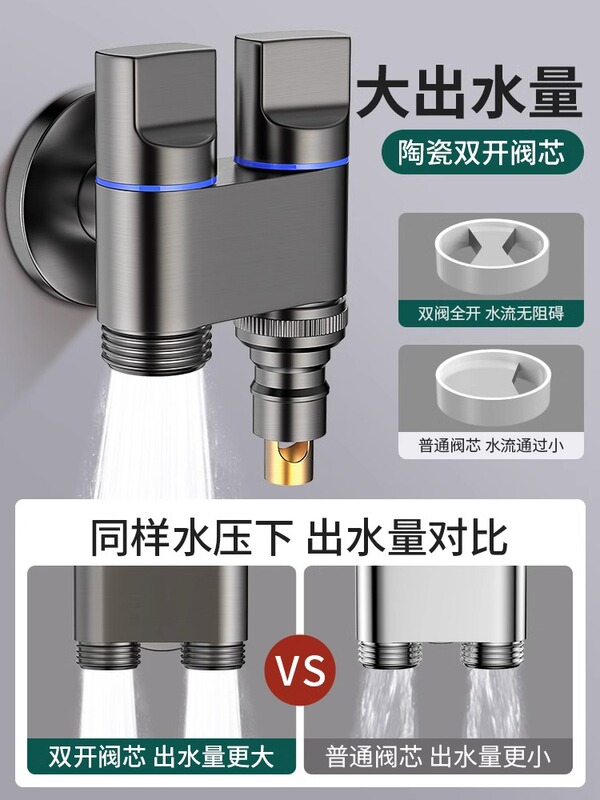 ✅ Double Outlet Washing Machine Faucet Angle Valve, One Inlet Two Outlet Dual Faucet, All-Copper Water Diverter Valve, One-To-Two Connector