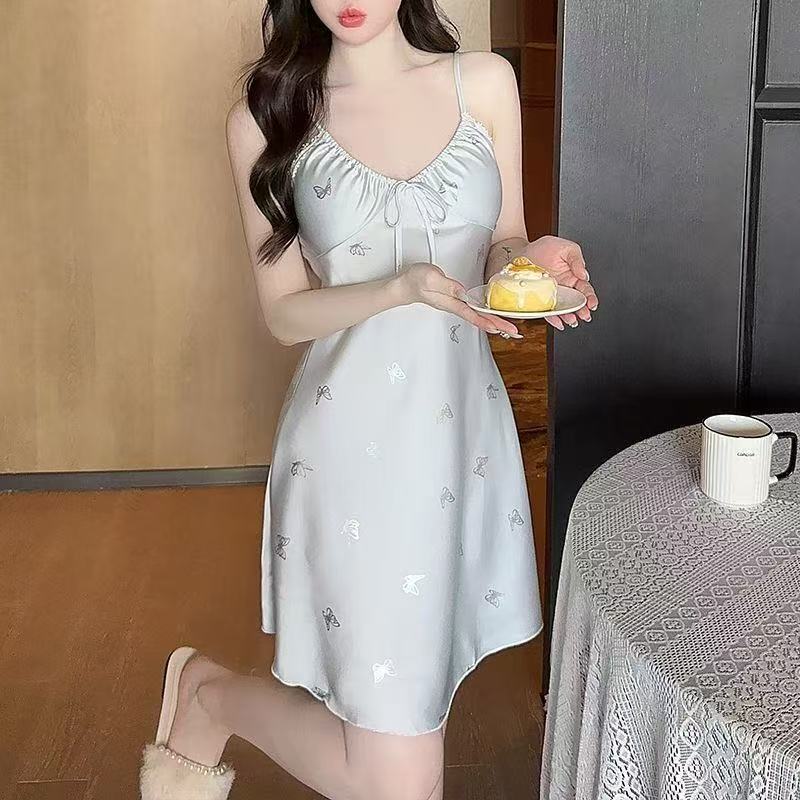 冰雪丝吊带睡袍套装带胸垫吊带裙睡袍两件套睡衣女夏季睡裙家居服|undefined