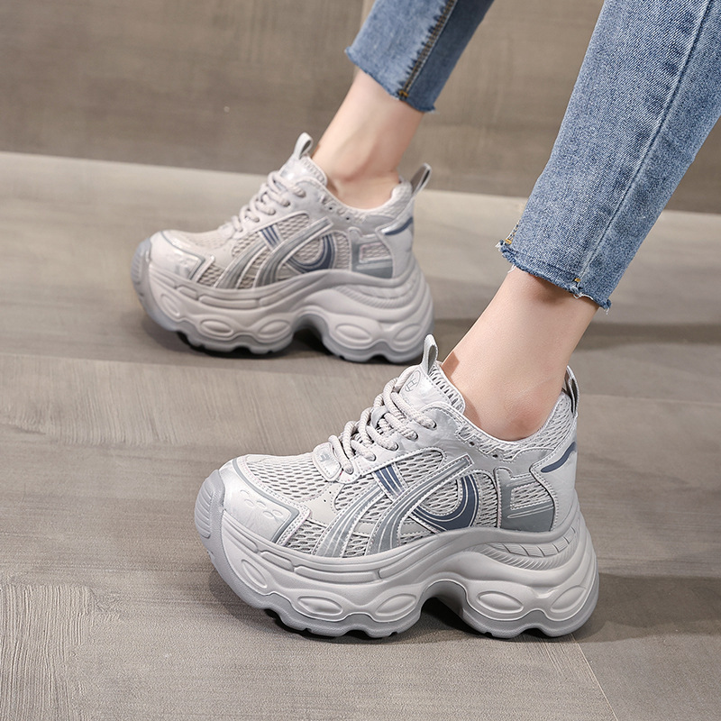 Giày sneaker nữ đế dày chunky phong cách dad sneaker, lưới thoáng khí, tăng chiều cao — màu xám