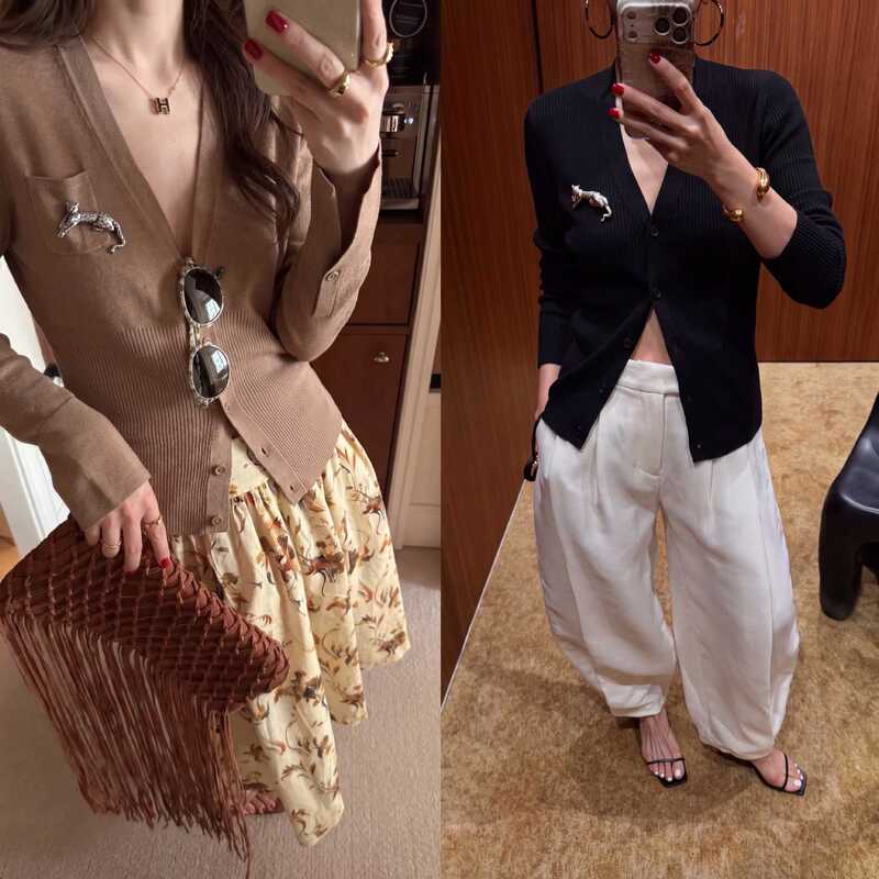 【Featured】Yuran 26 New Early Autumn High-Twist Double-Curved Lustrous Silk Metallic Leopard Brooch Collar Slim-Fit Knit Cardigan 【Featured】Yuran 26 New Early Autumn High-Twist Double-Curved Lustrous Silk Metallic Leopard Brooch Collar Slim-Fit Knit Cardigan