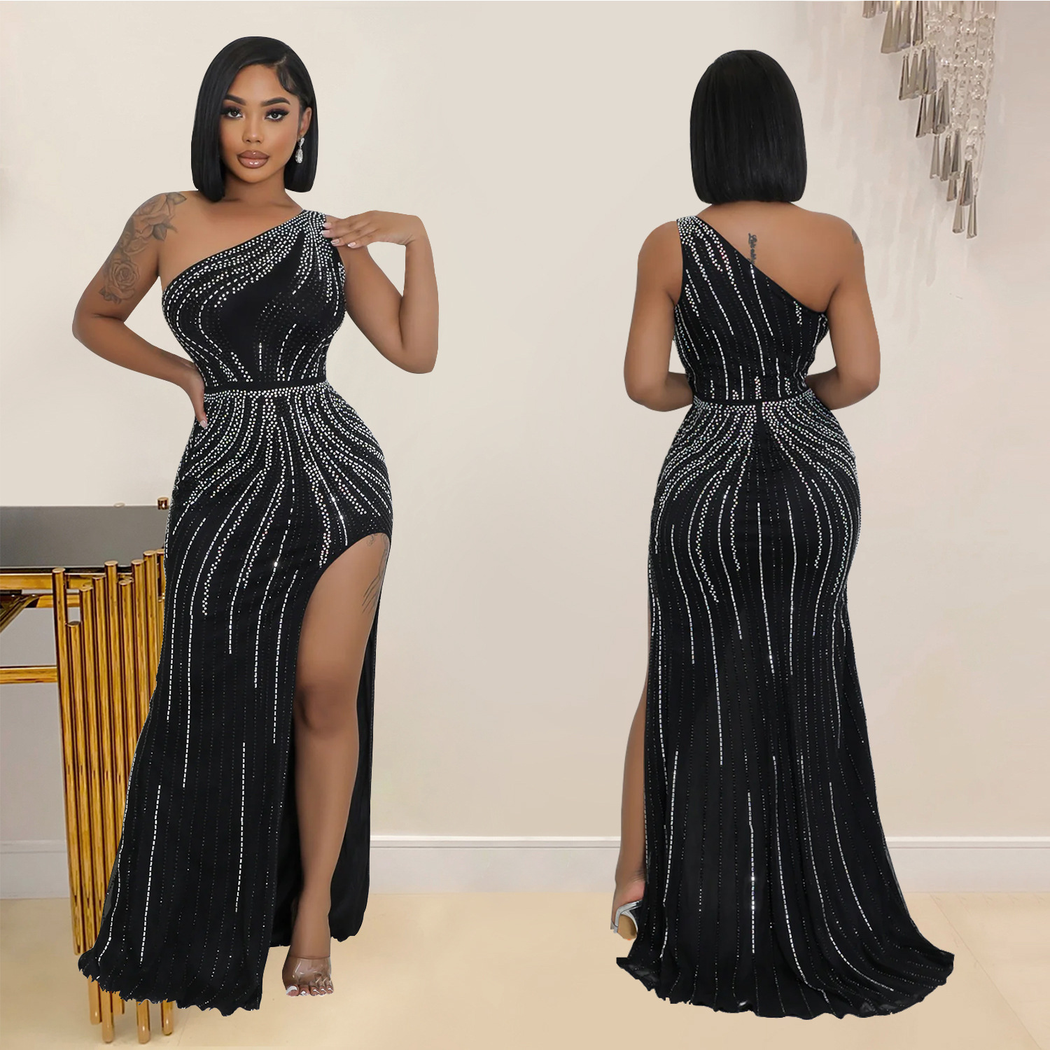 C6961 Cross-border AliExpress Amazon Estación independiente Moda europea y americana Moda femenina Vestido sexy de diamantes calientes Largo